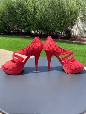 Coral Color Laser-Cut High Heel Platform with peep toe.